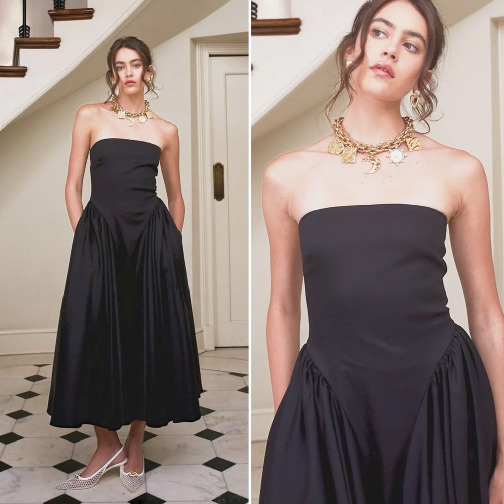 NWT Delfi Collective Imani Strapless Black Midi Cocktail Cotton Flare Dress - Picture 2 of 10